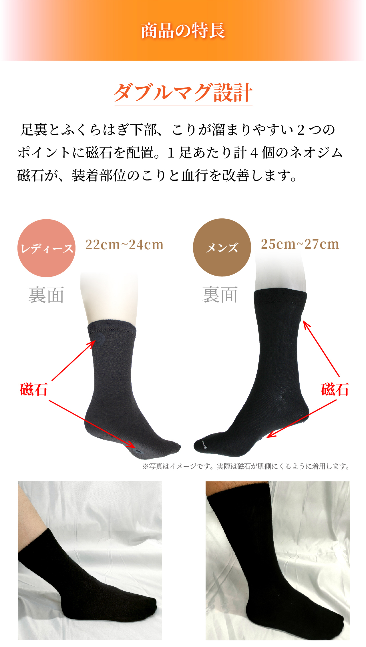 磁気レッグウエアWISELEGダブルマグくつ下 特長 ダブルマグ設計