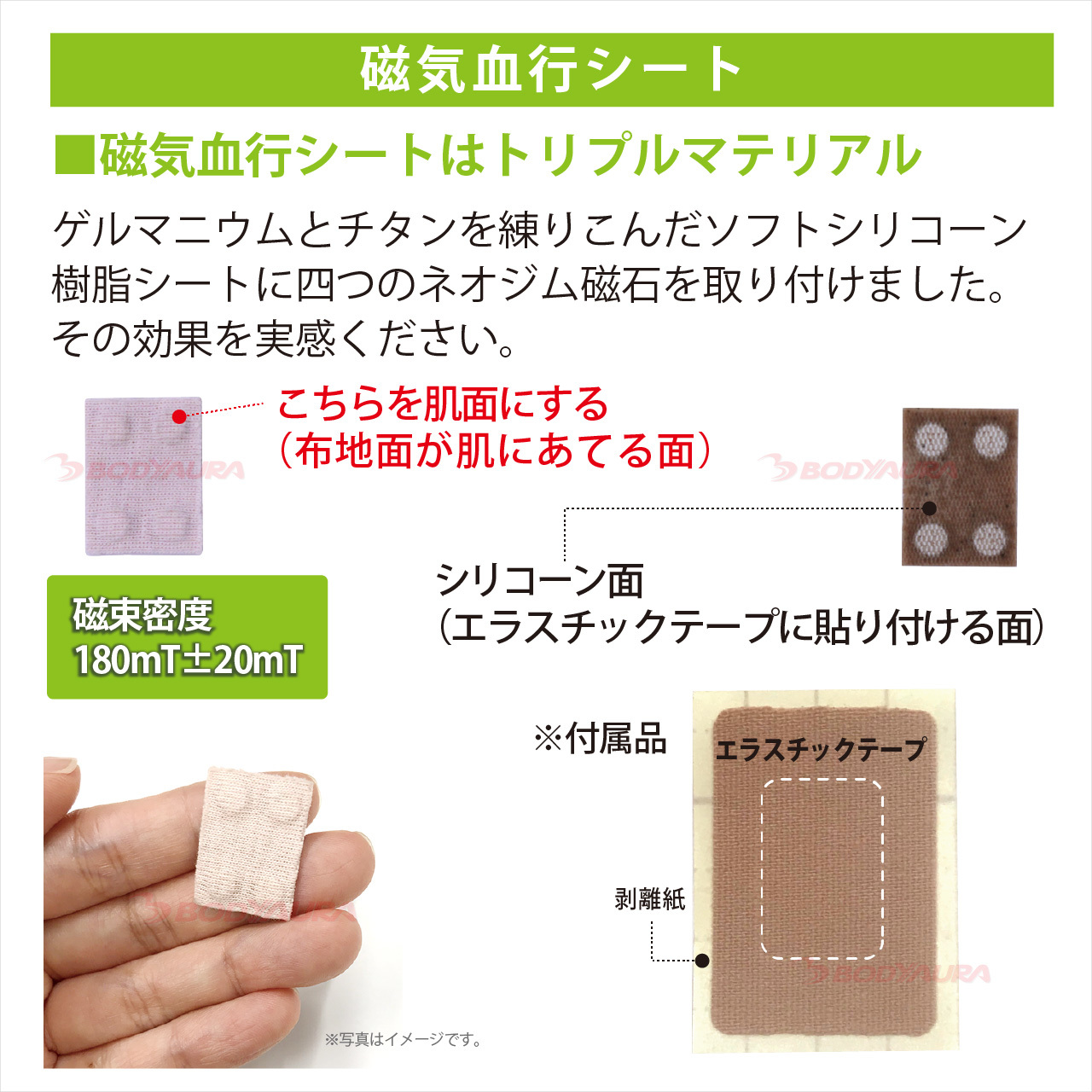 オーラバン４　ゲルマニウムとチタンを練りこんだソフトシリコーン樹脂シートに４つのネオジム磁石を取り付けました。
